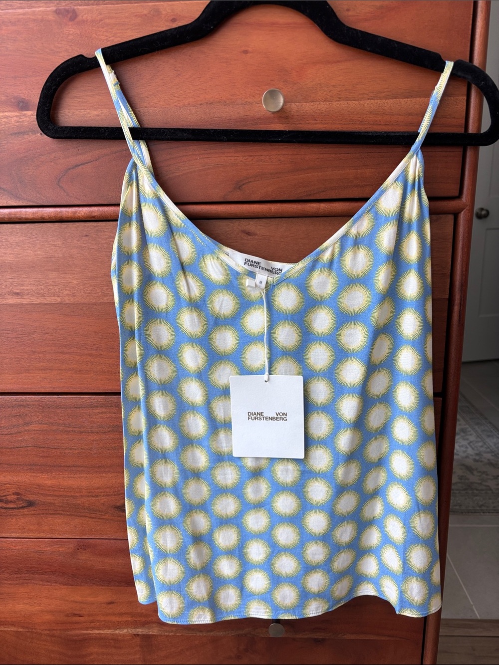 Diane Von Furstenberg NWT Blue and Yellow Silk Printed Spaghetti-Strap Cami